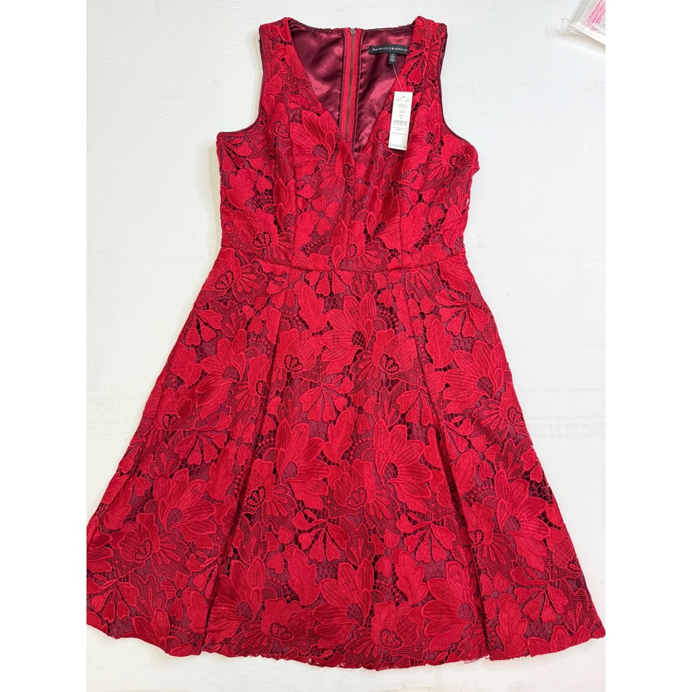 NWT! Valentine White House Black Market Red Floral Lace Fit and Flare‎ Dress 6 - Picture 8 of 16